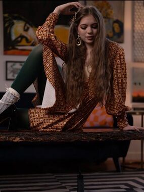 Alexia Admor Rust Orange Geometric Long Sleeve Dress with Cream Accents